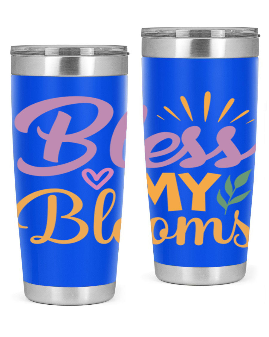 Bless My Blooms 20oz tumbler in stainless steel with floral design, featuring a drink-thru lid.