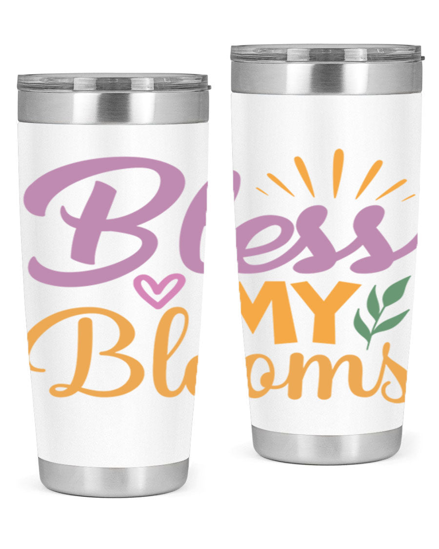 Bless My Blooms 20oz tumbler in stainless steel with floral design, featuring a drink-thru lid.