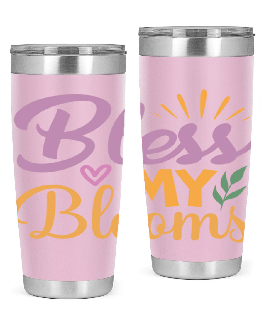 Bless My Blooms 20oz tumbler in stainless steel with floral design, featuring a drink-thru lid.