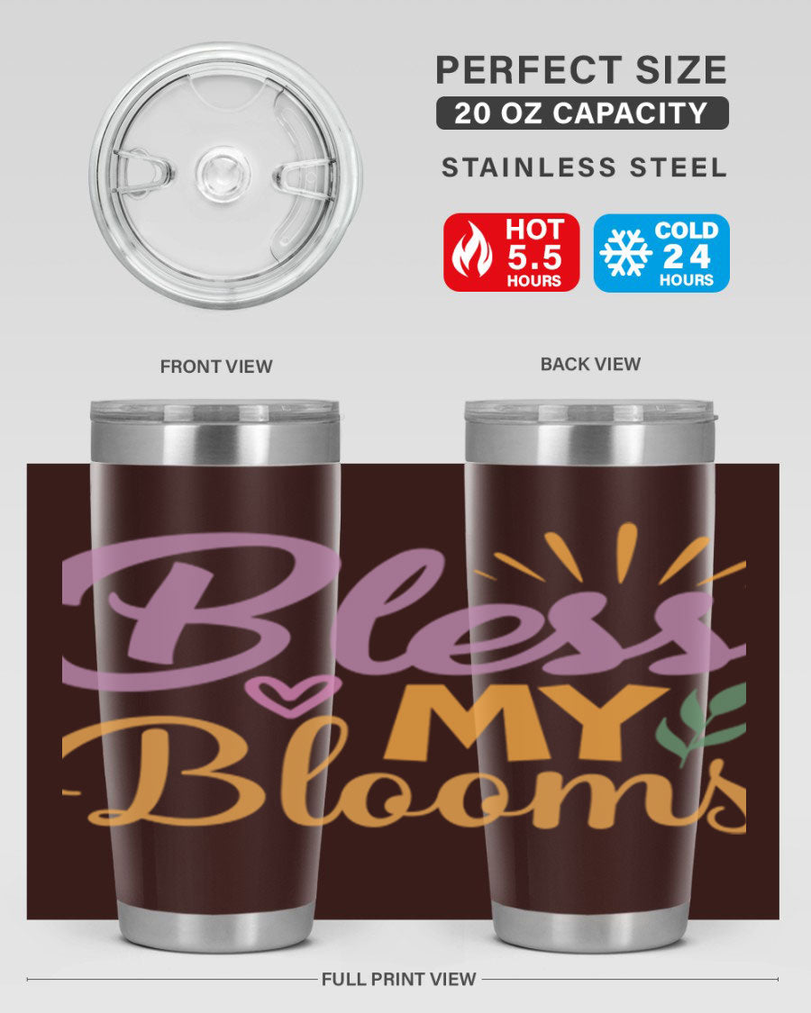 Bless My Blooms 20oz tumbler in stainless steel with floral design, featuring a drink-thru lid.