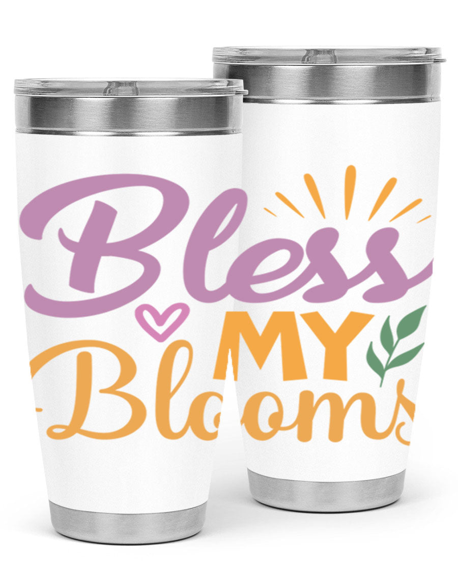 Bless My Blooms 20oz tumbler in stainless steel with floral design, featuring a drink-thru lid.