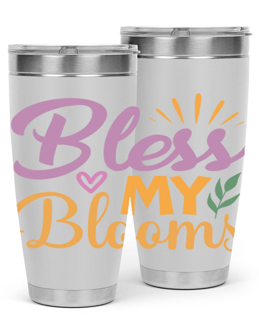 Bless My Blooms 20oz tumbler in stainless steel with floral design, featuring a drink-thru lid.