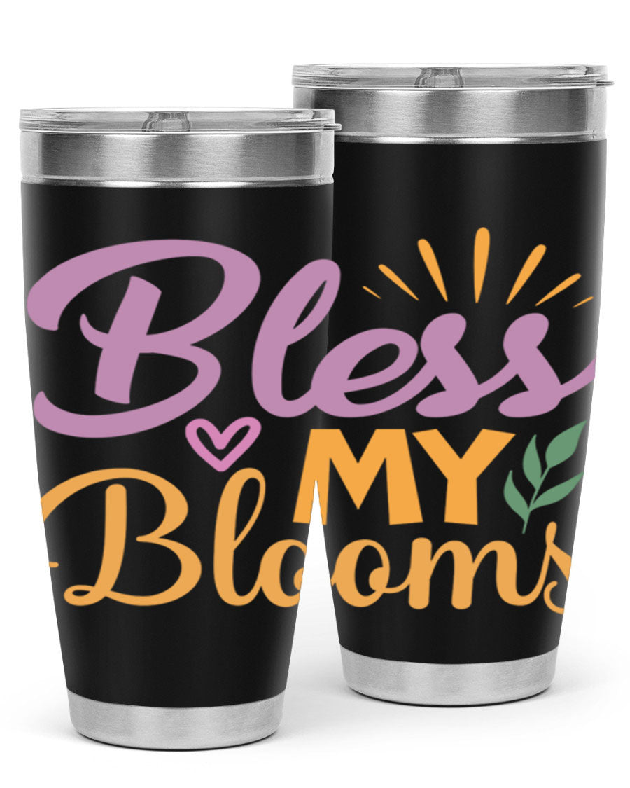 Bless My Blooms 20oz tumbler in stainless steel with floral design, featuring a drink-thru lid.