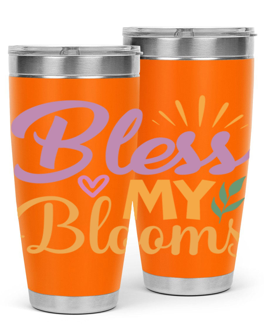 Bless My Blooms 20oz tumbler in stainless steel with floral design, featuring a drink-thru lid.