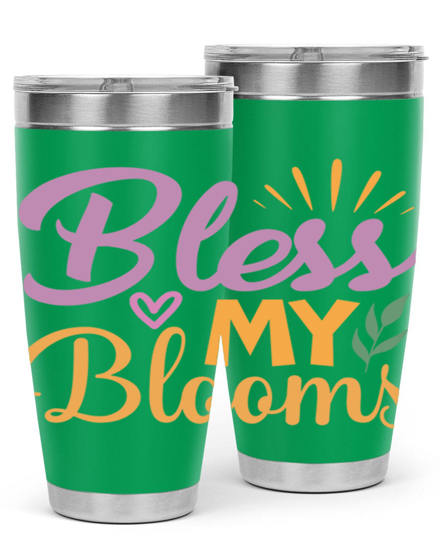 Bless My Blooms 20oz tumbler in stainless steel with floral design, featuring a drink-thru lid.