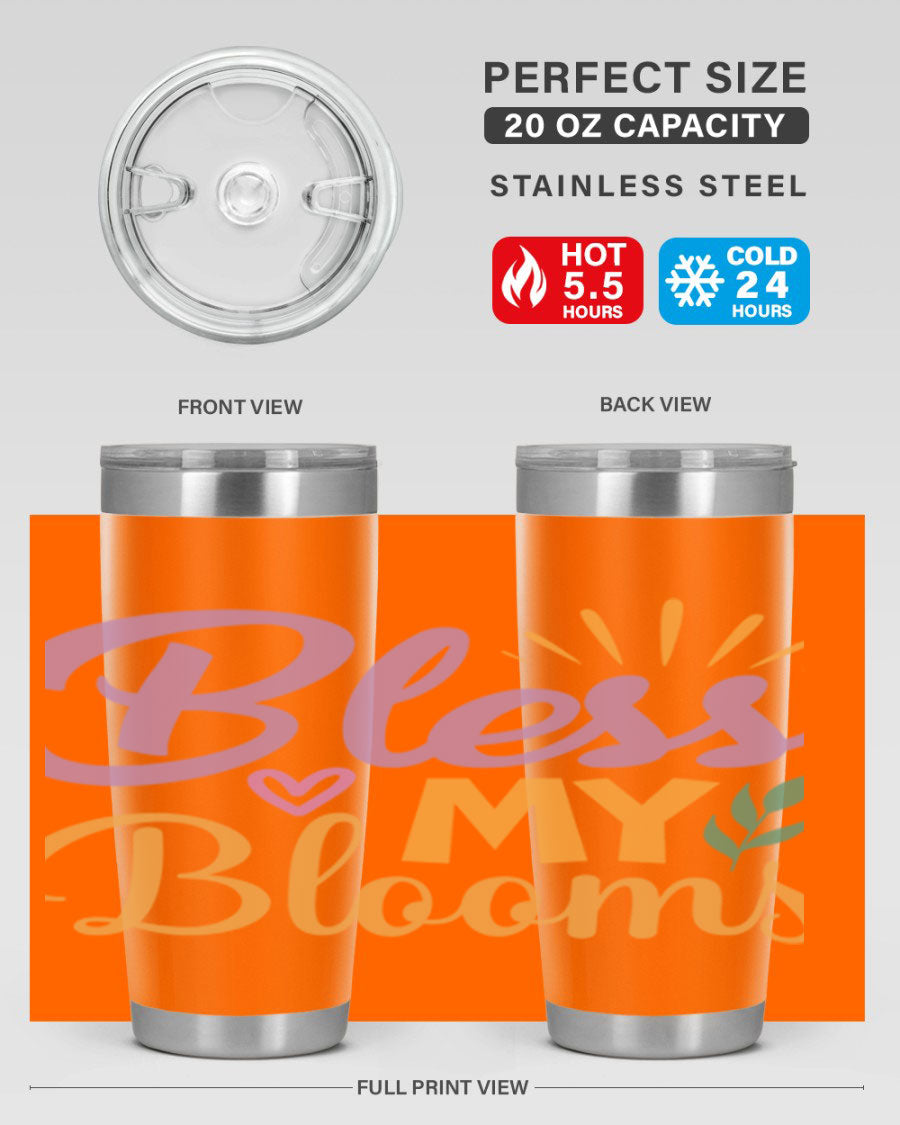 Bless My Blooms 20oz tumbler in stainless steel with floral design, featuring a drink-thru lid.