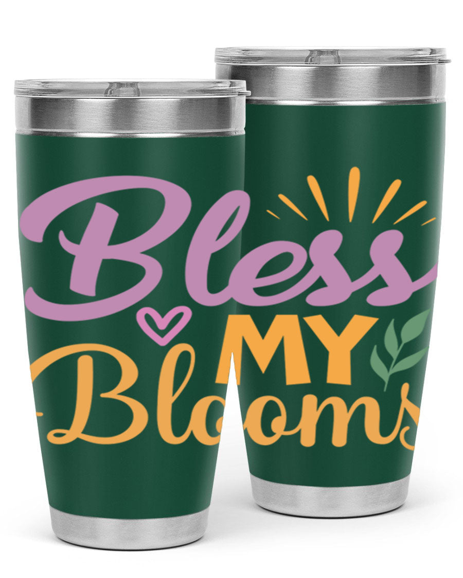 Bless My Blooms 20oz tumbler in stainless steel with floral design, featuring a drink-thru lid.