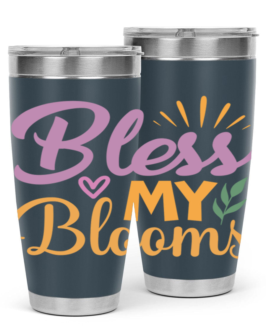 Bless My Blooms 20oz tumbler in stainless steel with floral design, featuring a drink-thru lid.