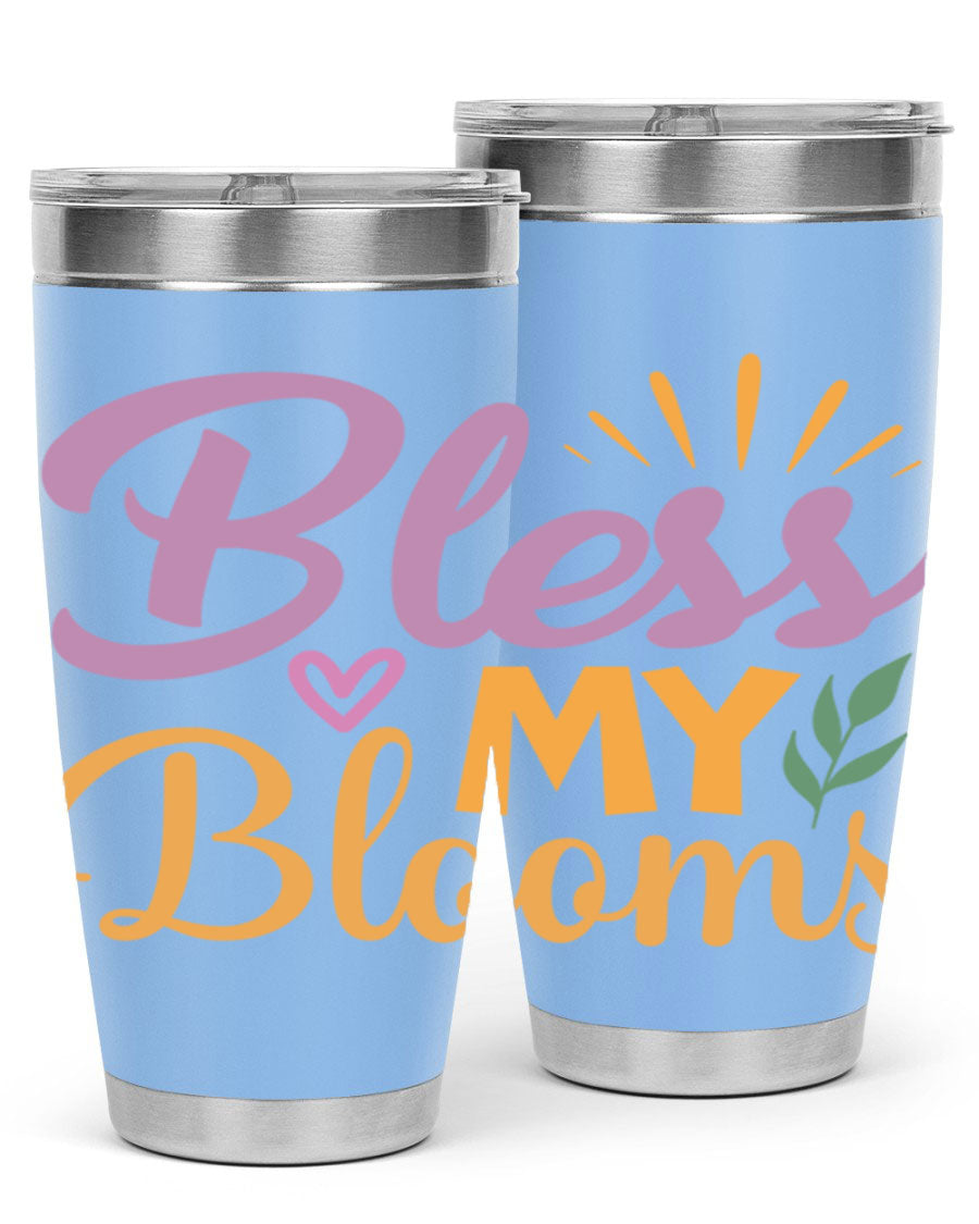 Bless My Blooms 20oz tumbler in stainless steel with floral design, featuring a drink-thru lid.