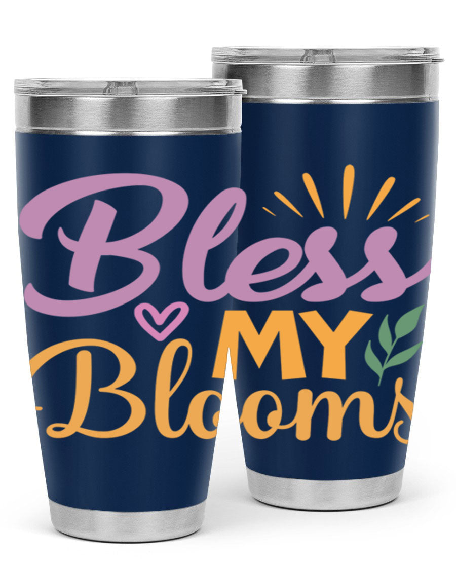 Bless My Blooms 20oz tumbler in stainless steel with floral design, featuring a drink-thru lid.