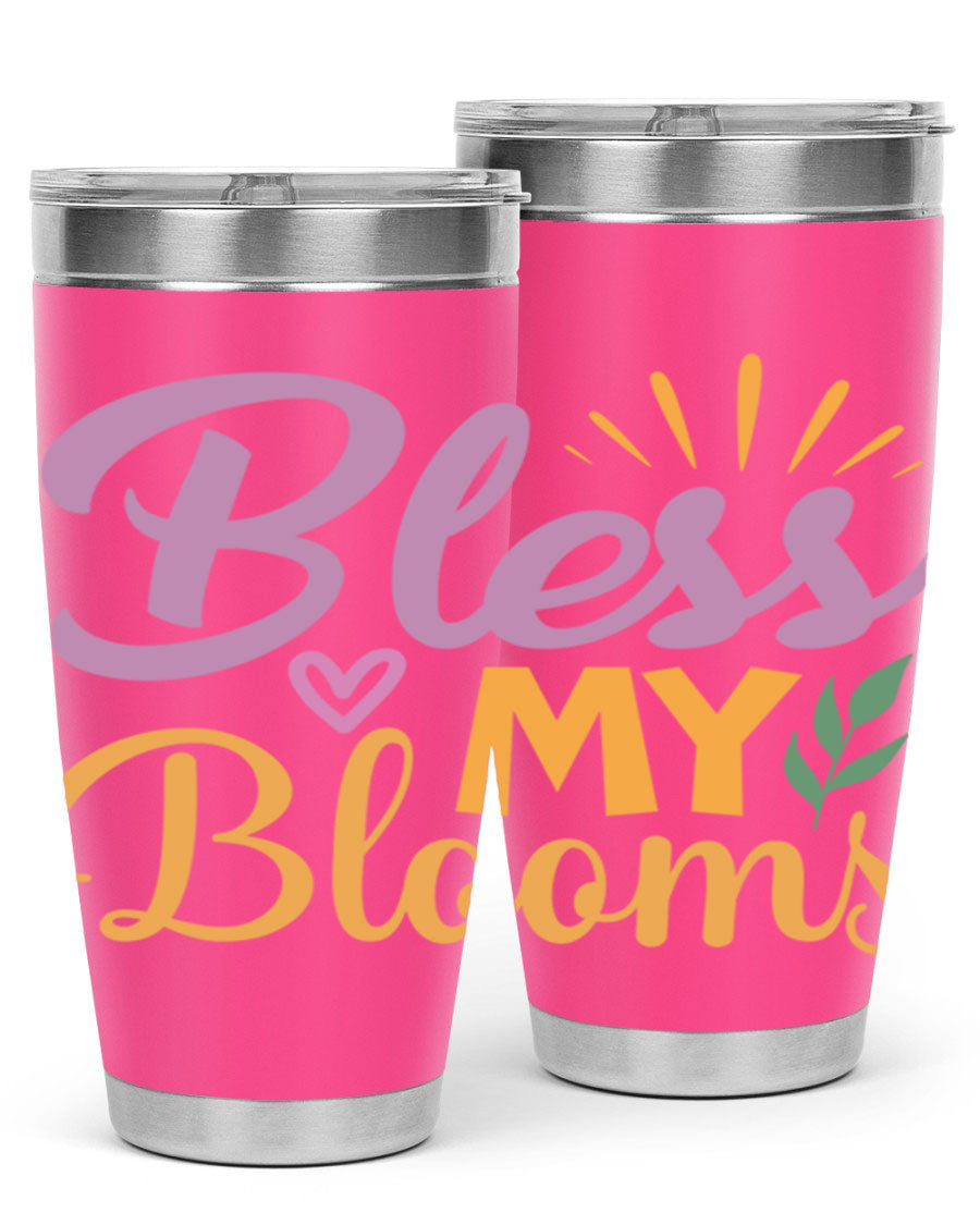 Bless My Blooms 20oz tumbler in stainless steel with floral design, featuring a drink-thru lid.