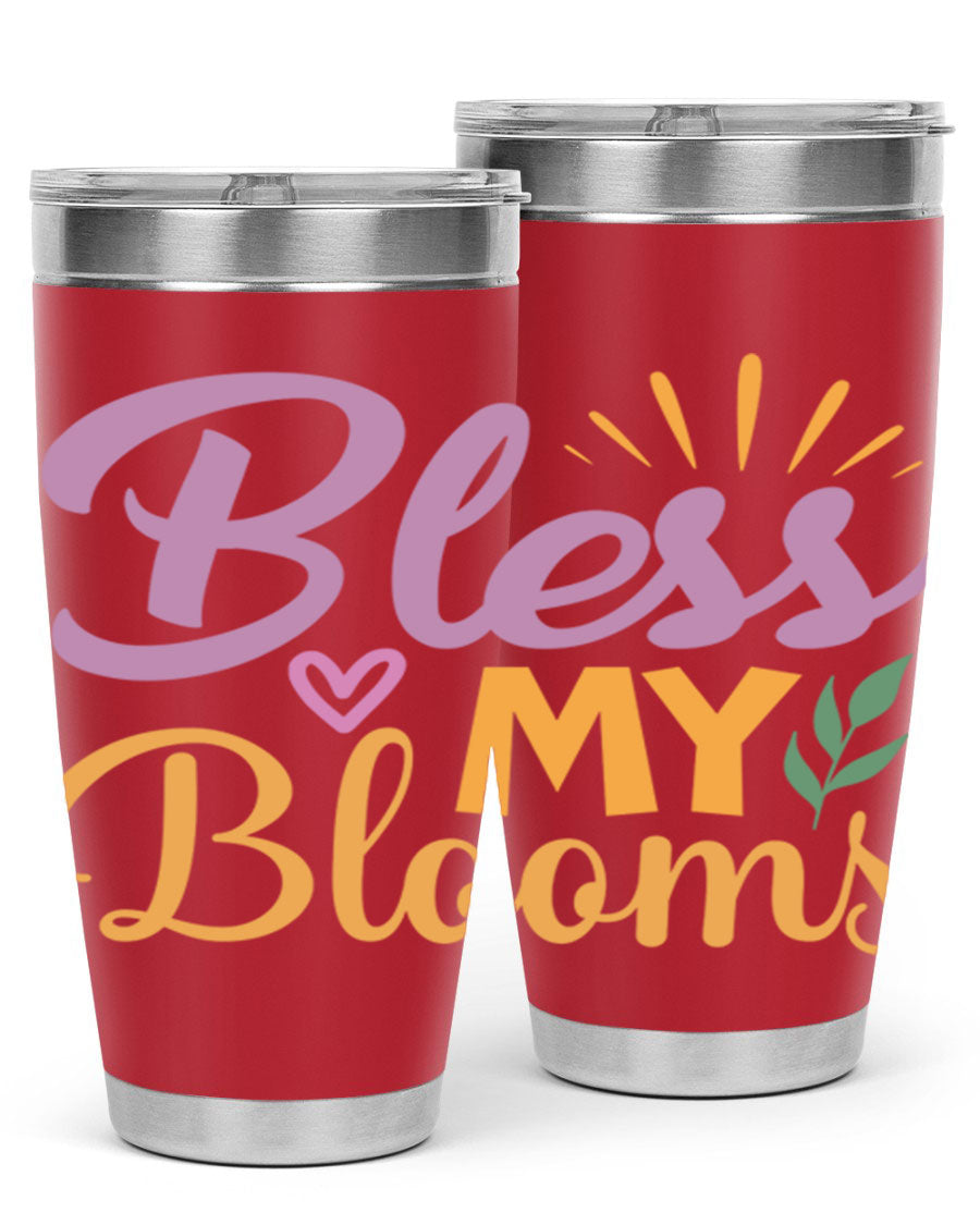 Bless My Blooms 20oz tumbler in stainless steel with floral design, featuring a drink-thru lid.