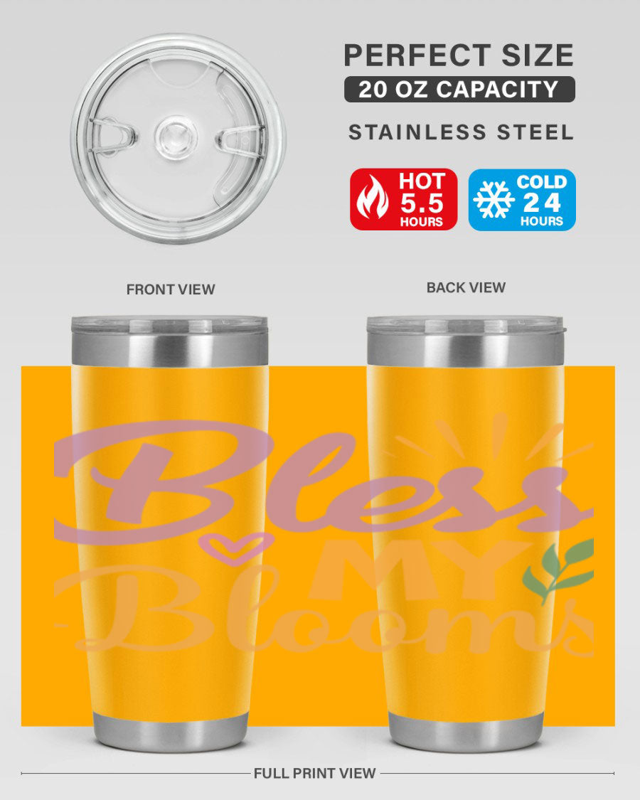 Bless My Blooms 20oz tumbler in stainless steel with floral design, featuring a drink-thru lid.