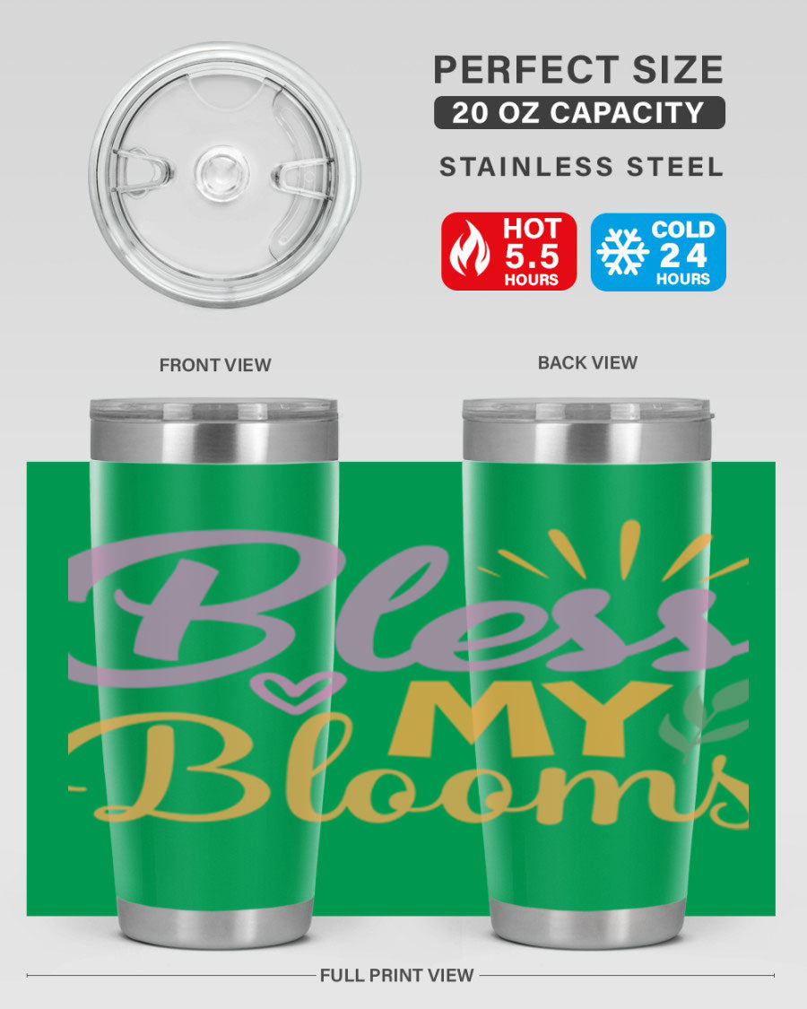 Bless My Blooms 20oz tumbler in stainless steel with floral design, featuring a drink-thru lid.