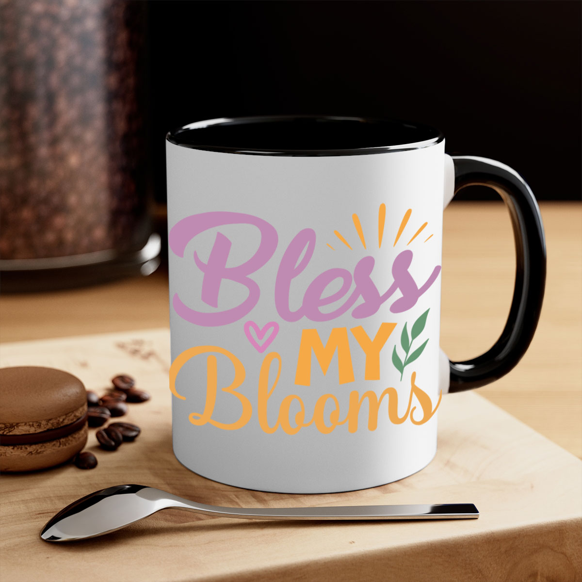 Bless My Blooms 65# Mug featuring a glossy finish, colored handle, and interior, available in five vibrant colors.