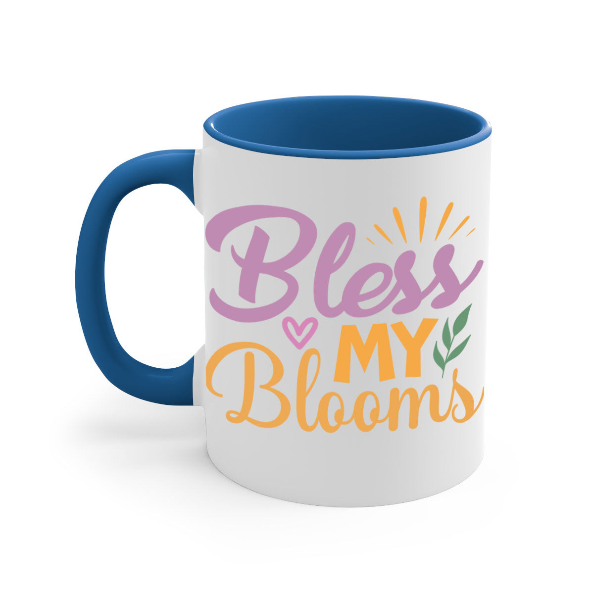 Bless My Blooms 65# Mug featuring a glossy finish, colored handle, and interior, available in five vibrant colors.