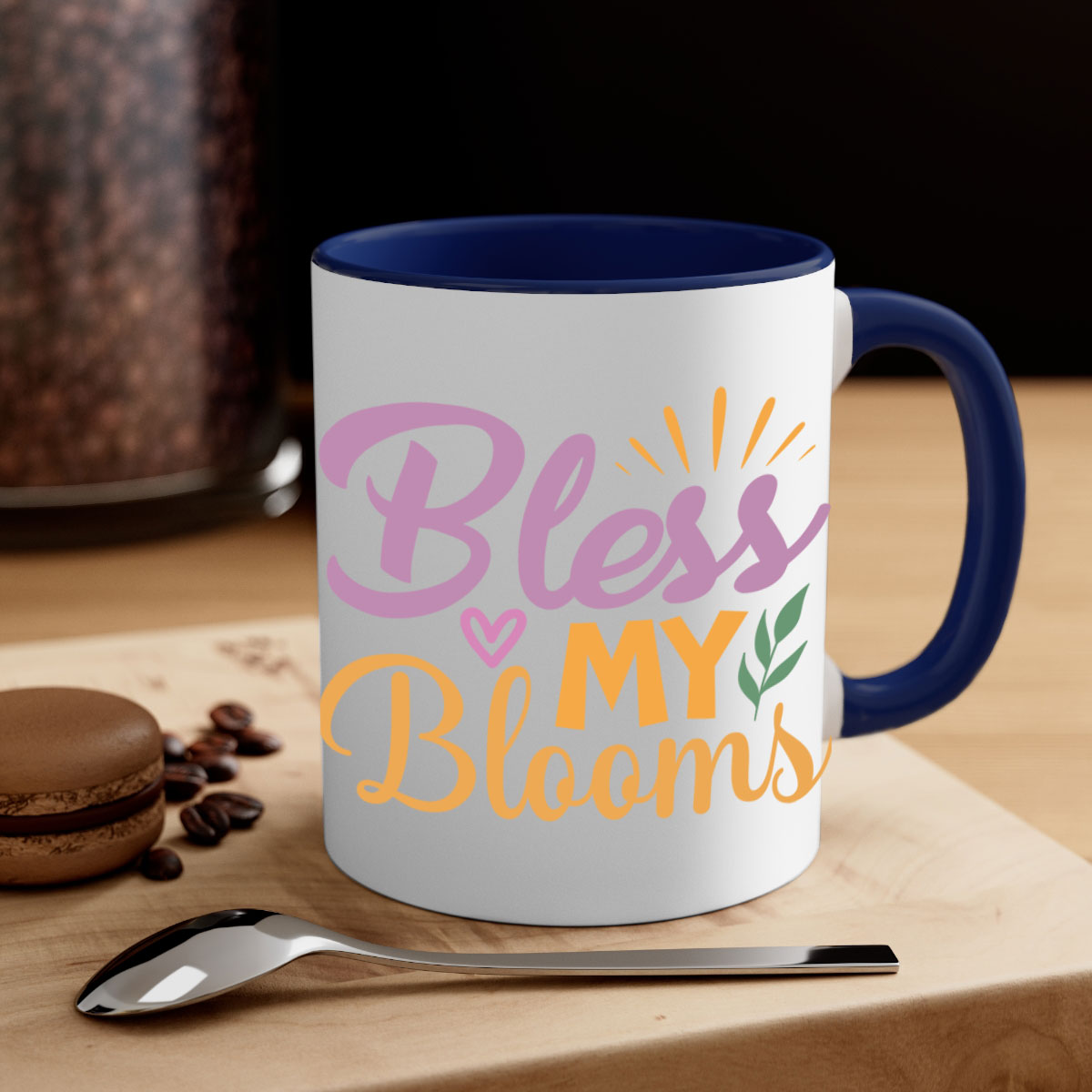 Bless My Blooms 65# Mug featuring a glossy finish, colored handle, and interior, available in five vibrant colors.