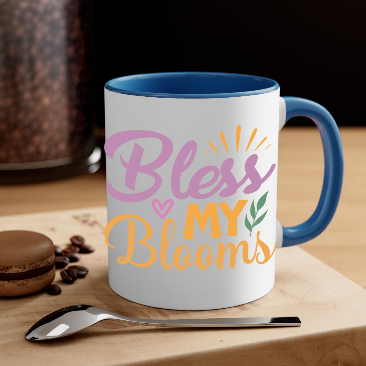 Bless My Blooms 65# Mug featuring a glossy finish, colored handle, and interior, available in five vibrant colors.