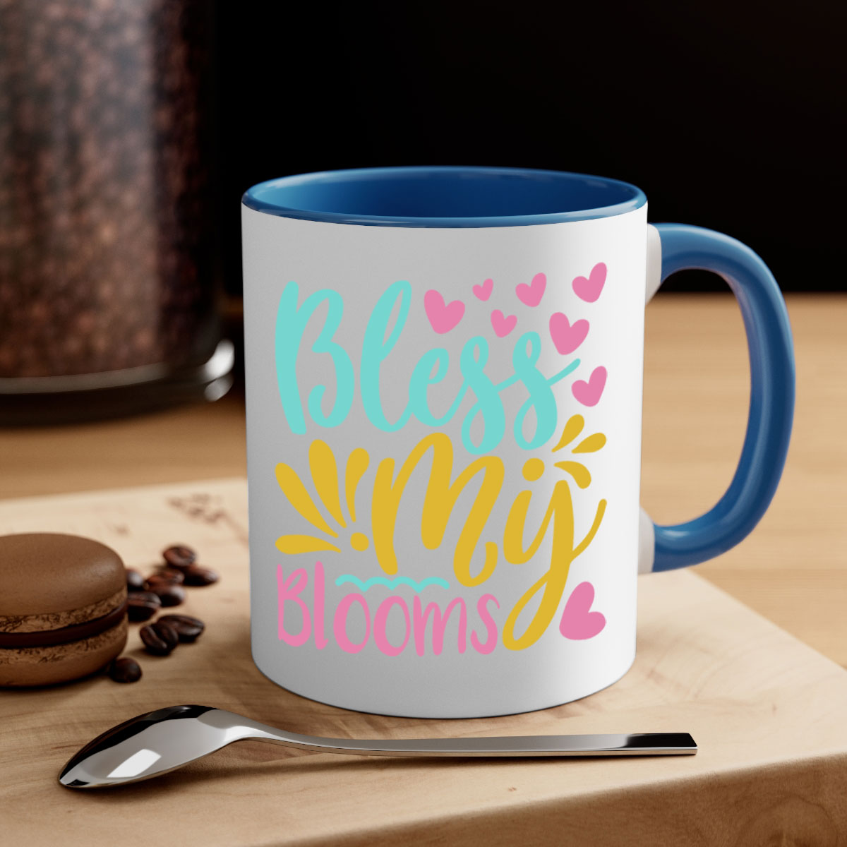 Bless my blooms Style 69# Summer Mug with a glossy finish, featuring a colored handle and interior, available in multiple colors.