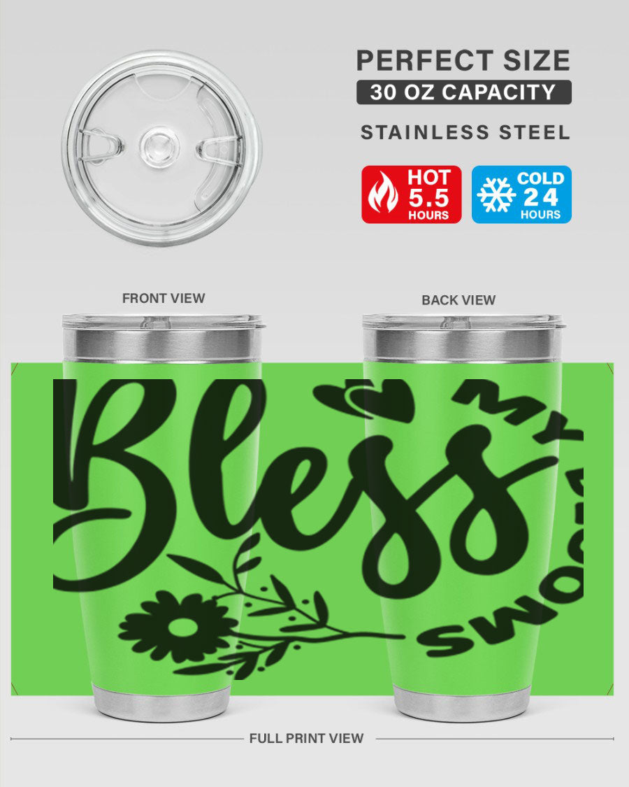 Bless My Blooms47# Spring Tumbler in stainless steel with floral design, showcasing its double wall vacuum insulation and drink-thru lid.