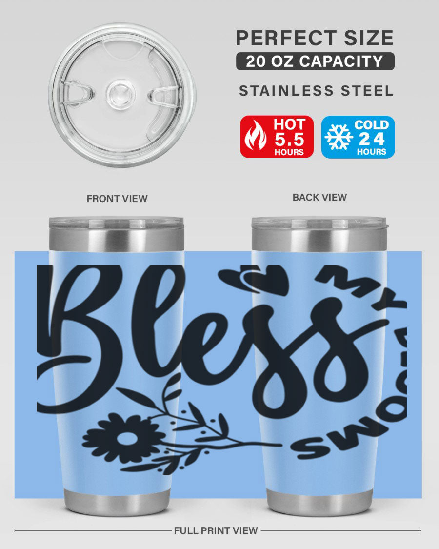 Bless My Blooms47# Spring Tumbler in stainless steel with floral design, showcasing its double wall vacuum insulation and drink-thru lid.