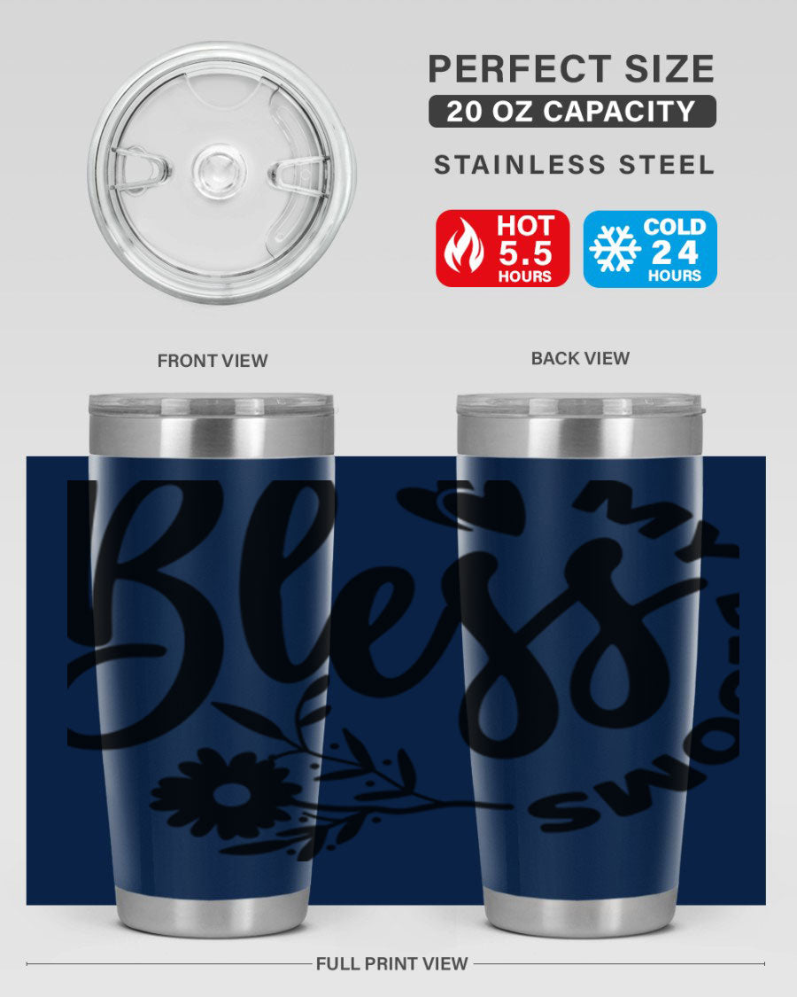 Bless My Blooms47# Spring Tumbler in stainless steel with floral design, showcasing its double wall vacuum insulation and drink-thru lid.