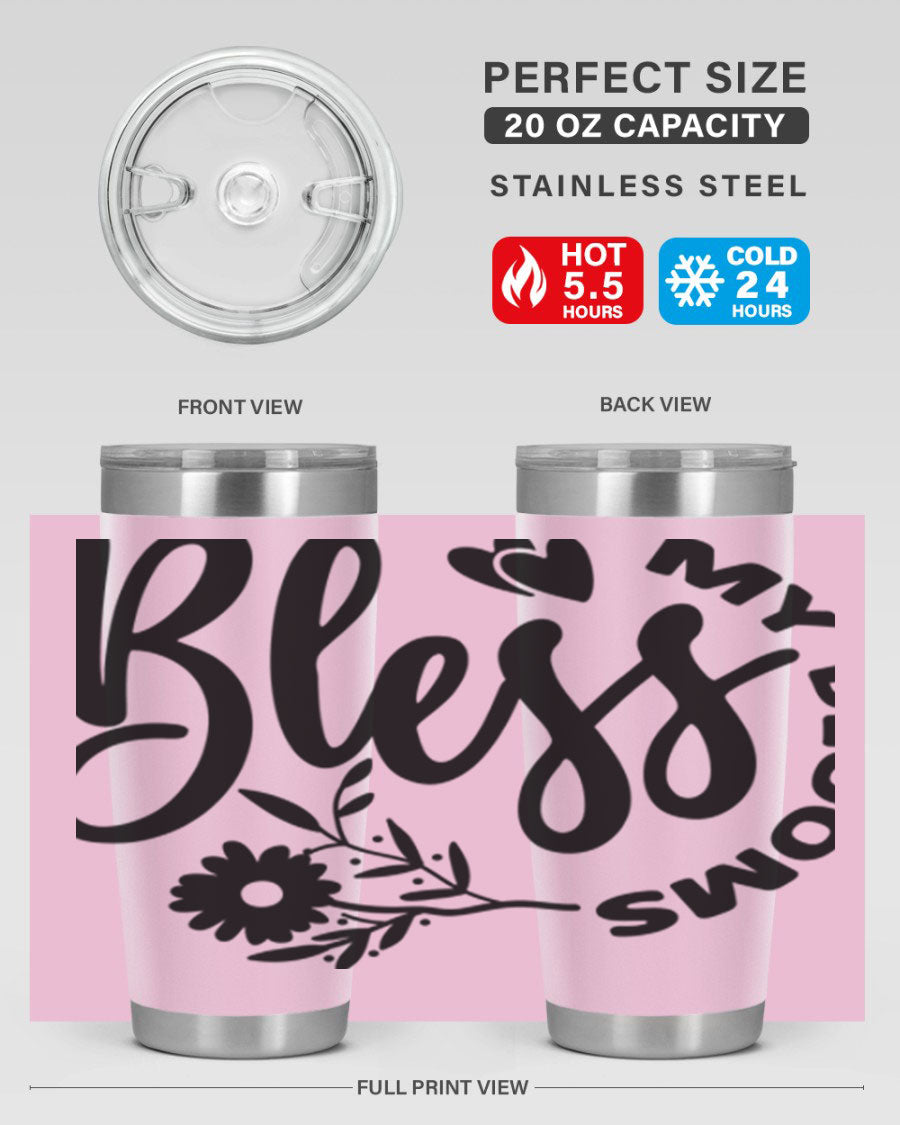 Bless My Blooms47# Spring Tumbler in stainless steel with floral design, showcasing its double wall vacuum insulation and drink-thru lid.