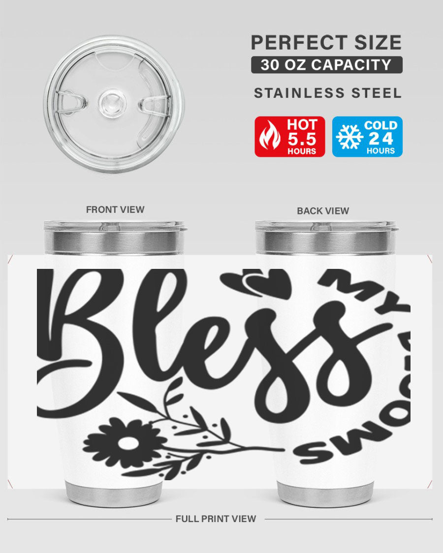 Bless My Blooms47# Spring Tumbler in stainless steel with floral design, showcasing its double wall vacuum insulation and drink-thru lid.