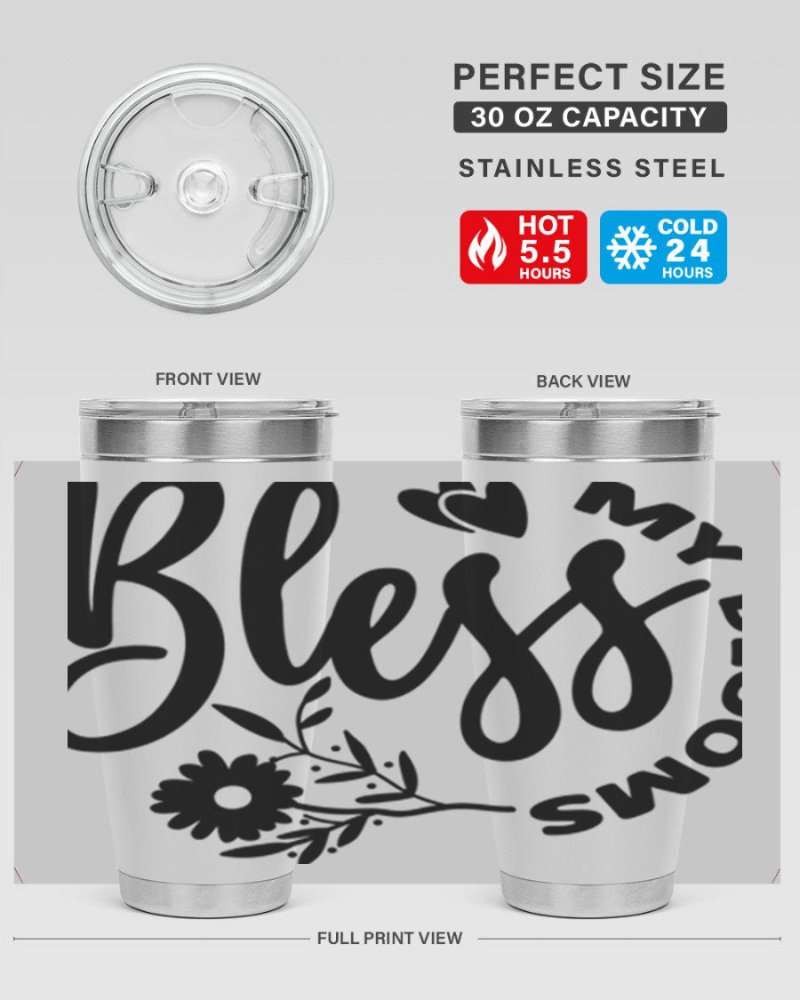 Bless My Blooms47# Spring Tumbler in stainless steel with floral design, showcasing its double wall vacuum insulation and drink-thru lid.