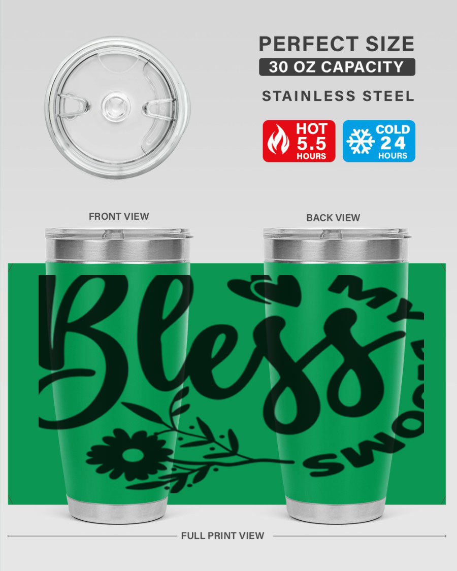 Bless My Blooms47# Spring Tumbler in stainless steel with floral design, showcasing its double wall vacuum insulation and drink-thru lid.