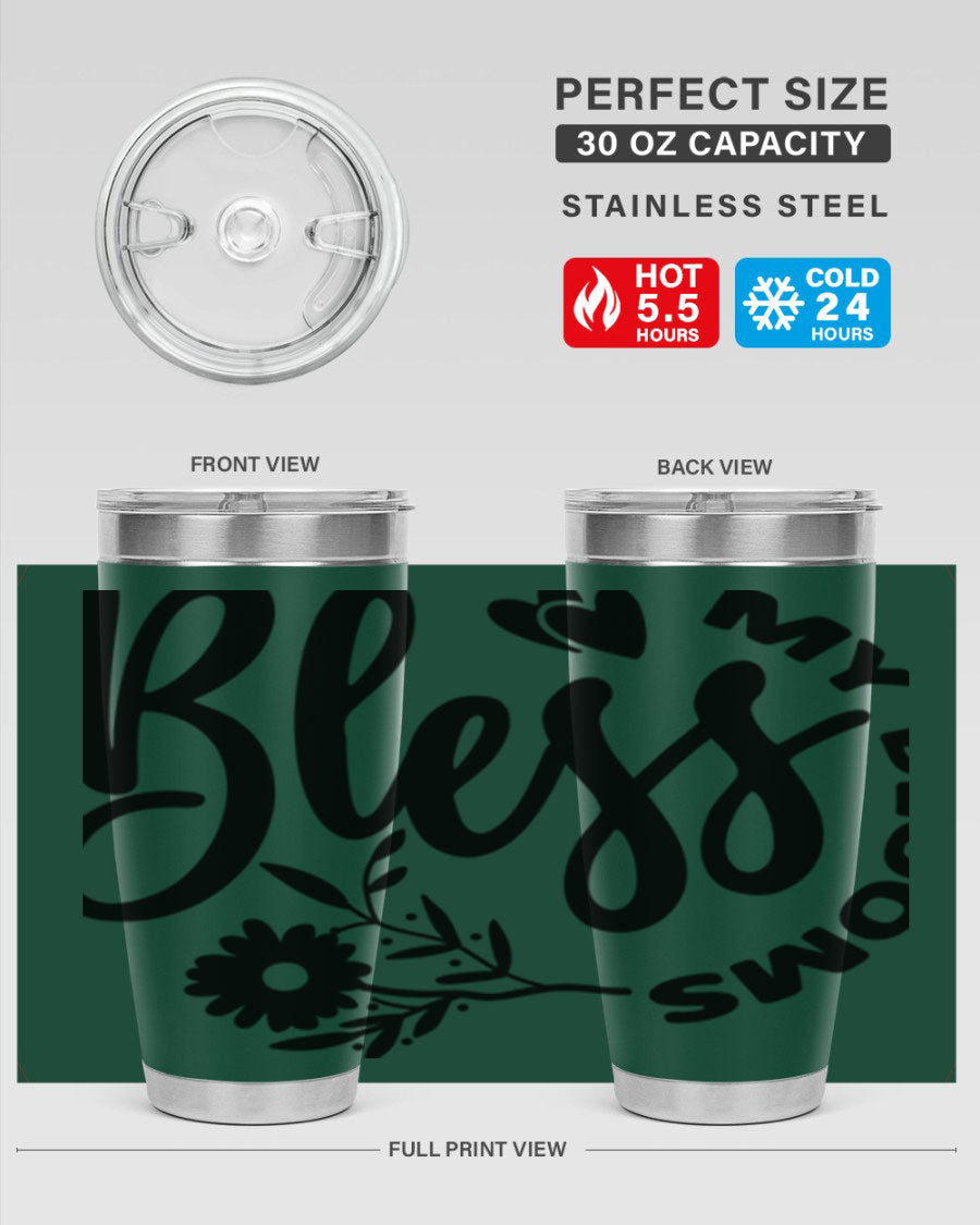 Bless My Blooms47# Spring Tumbler in stainless steel with floral design, showcasing its double wall vacuum insulation and drink-thru lid.