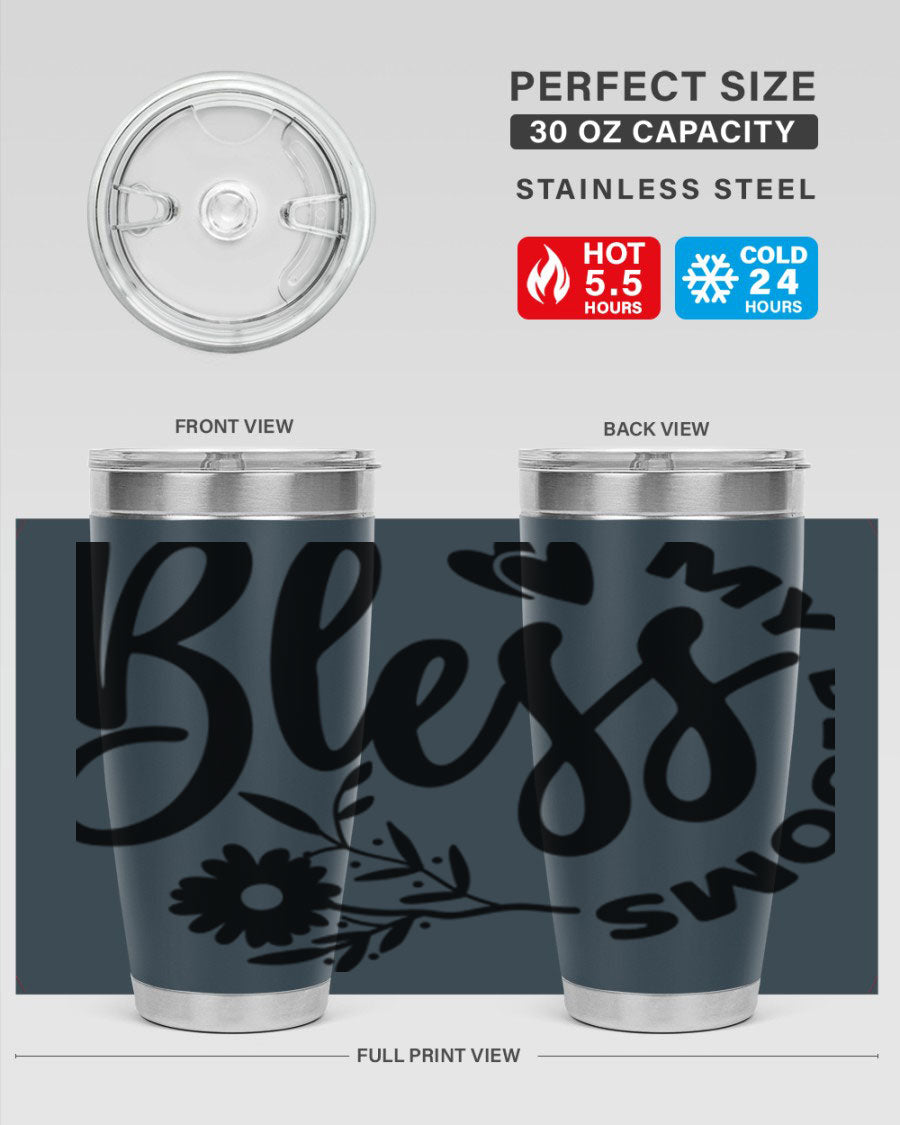 Bless My Blooms47# Spring Tumbler in stainless steel with floral design, showcasing its double wall vacuum insulation and drink-thru lid.