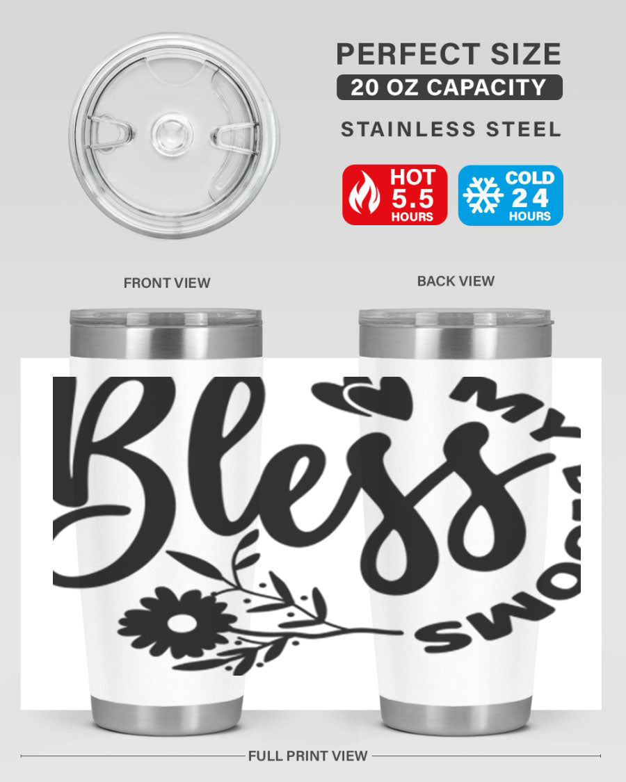 Bless My Blooms47# Spring Tumbler in stainless steel with floral design, showcasing its double wall vacuum insulation and drink-thru lid.