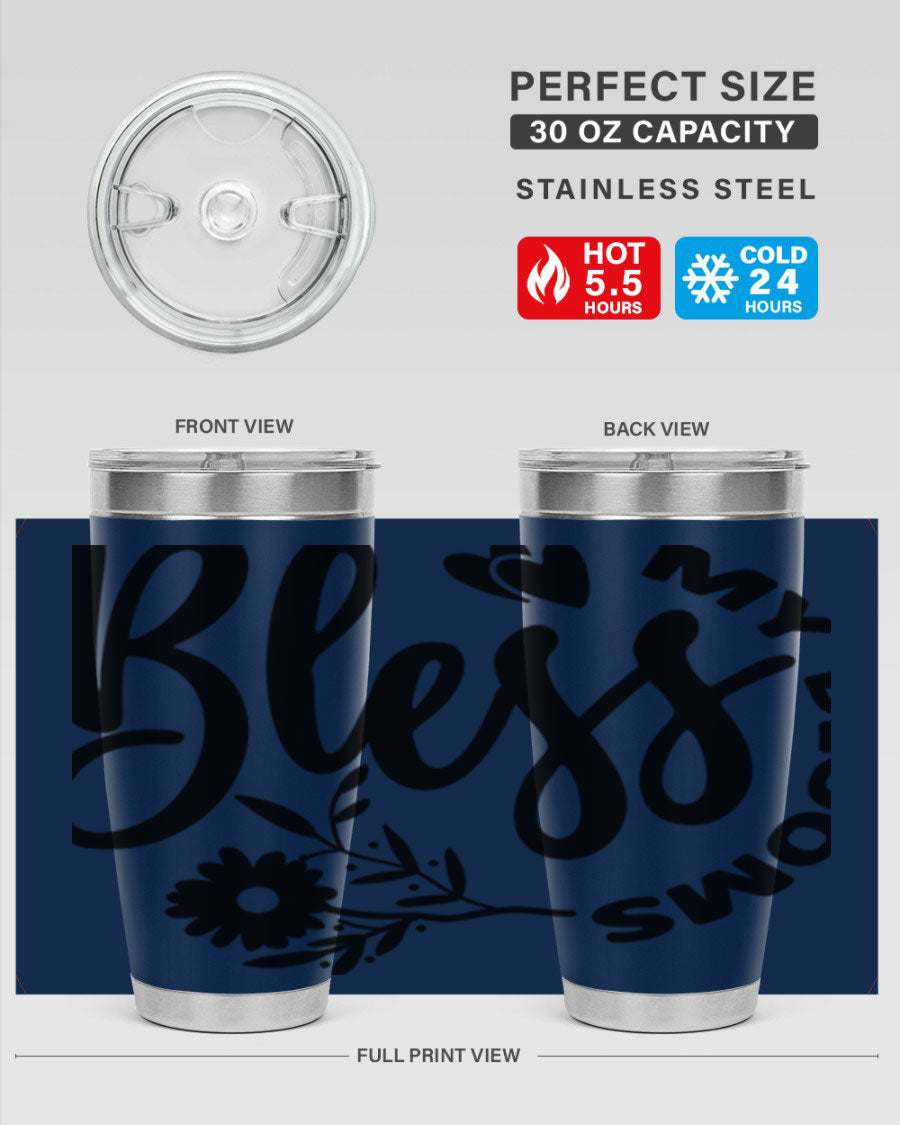 Bless My Blooms47# Spring Tumbler in stainless steel with floral design, showcasing its double wall vacuum insulation and drink-thru lid.