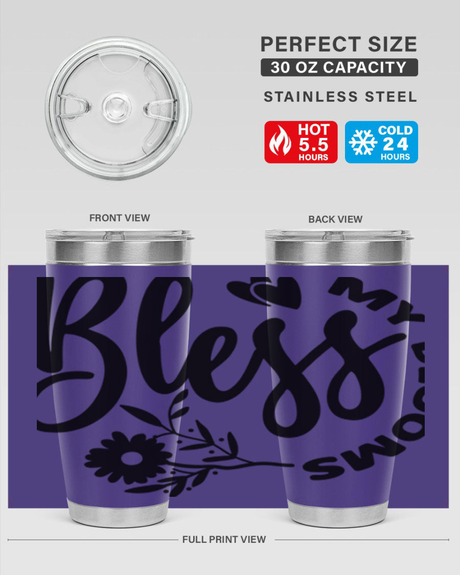 Bless My Blooms47# Spring Tumbler in stainless steel with floral design, showcasing its double wall vacuum insulation and drink-thru lid.