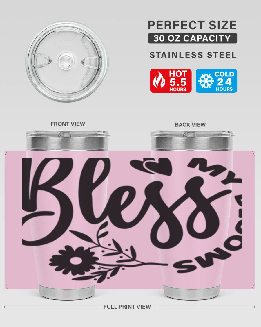 Bless My Blooms47# Spring Tumbler in stainless steel with floral design, showcasing its double wall vacuum insulation and drink-thru lid.