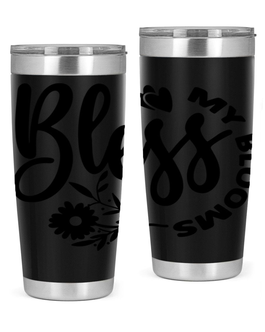 Bless My Blooms47# Spring Tumbler in stainless steel with floral design, showcasing its double wall vacuum insulation and drink-thru lid.