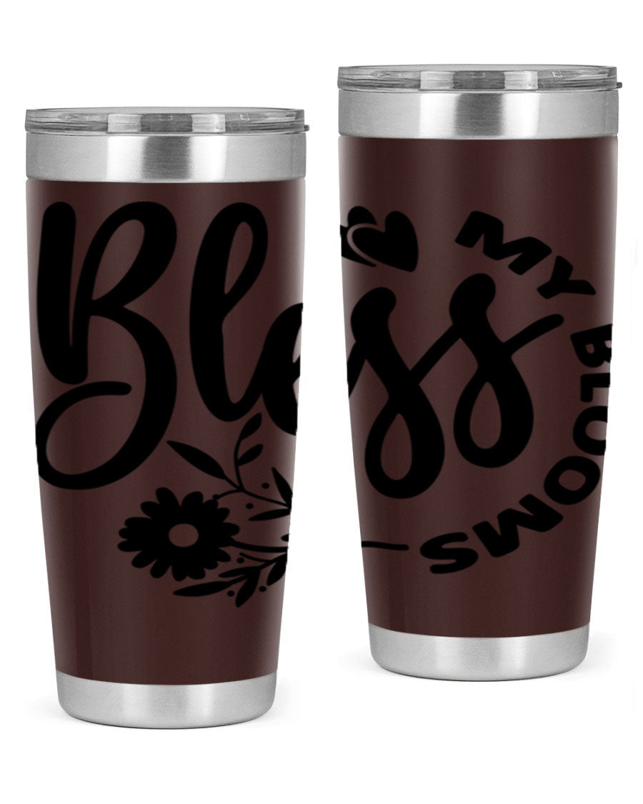 Bless My Blooms47# Spring Tumbler in stainless steel with floral design, showcasing its double wall vacuum insulation and drink-thru lid.