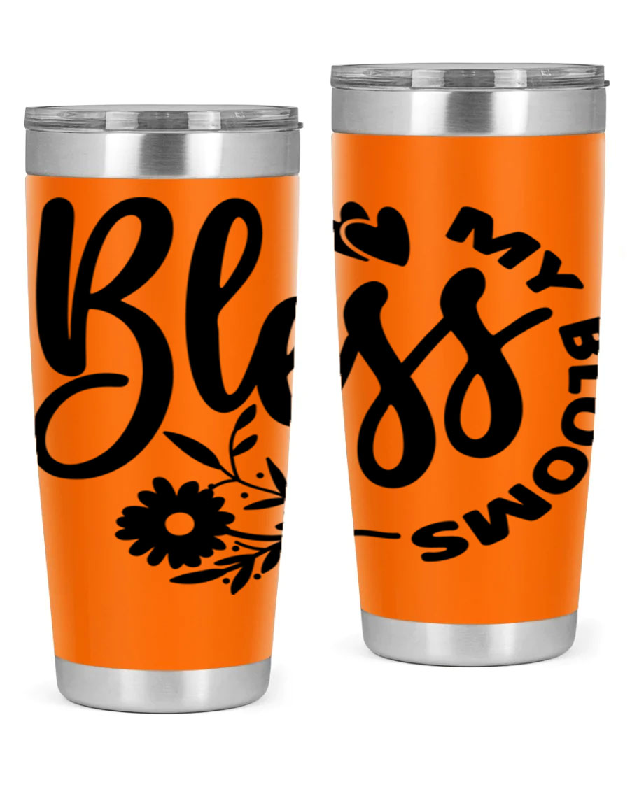 Bless My Blooms47# Spring Tumbler in stainless steel with floral design, showcasing its double wall vacuum insulation and drink-thru lid.