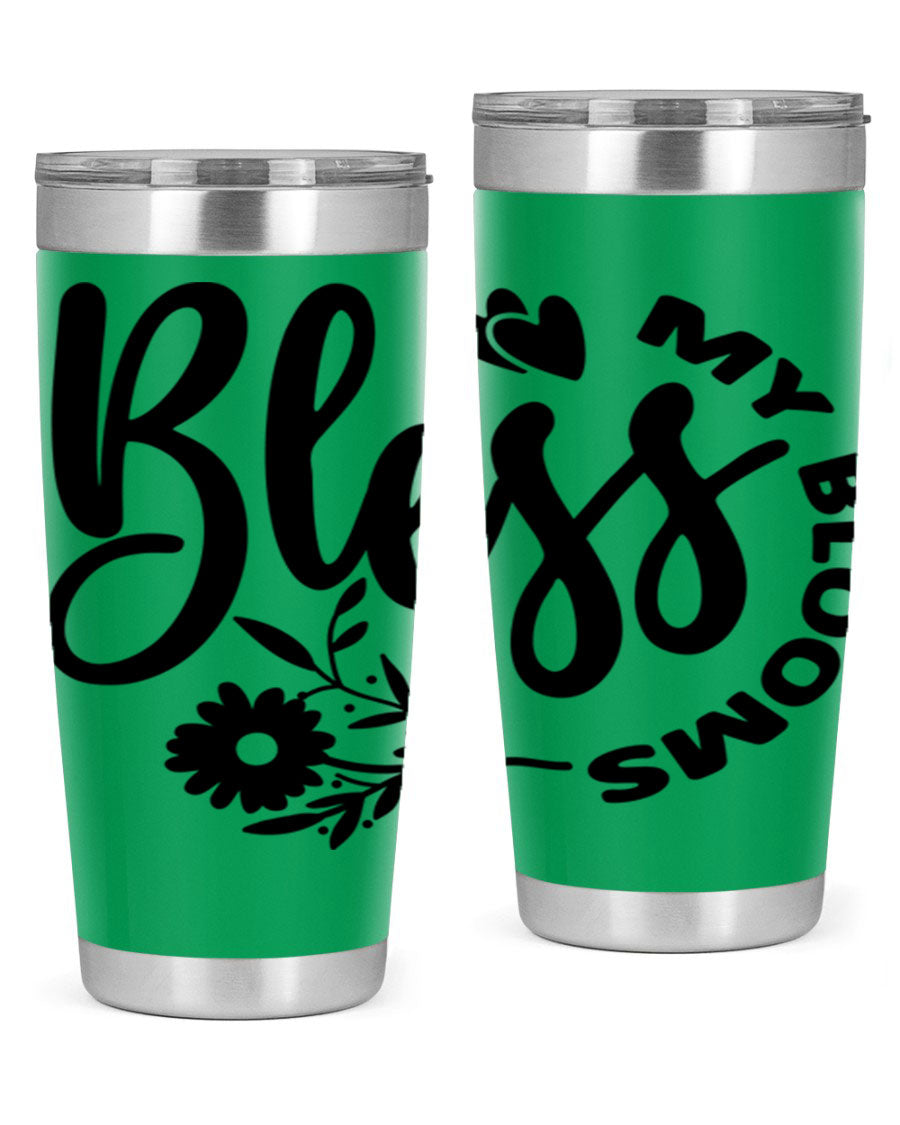 Bless My Blooms47# Spring Tumbler in stainless steel with floral design, showcasing its double wall vacuum insulation and drink-thru lid.