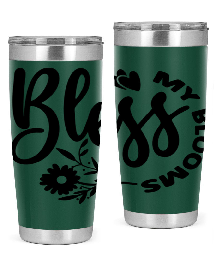 Bless My Blooms47# Spring Tumbler in stainless steel with floral design, showcasing its double wall vacuum insulation and drink-thru lid.