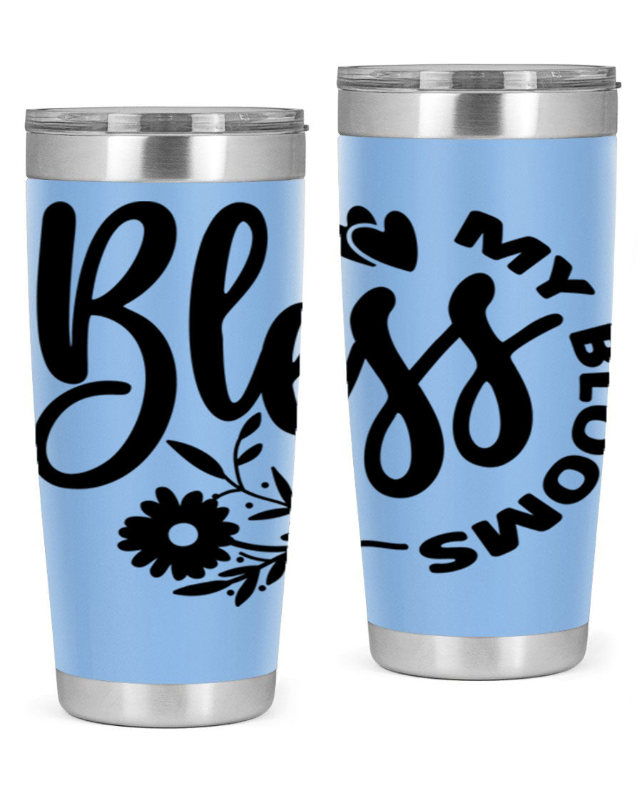 Bless My Blooms47# Spring Tumbler in stainless steel with floral design, showcasing its double wall vacuum insulation and drink-thru lid.