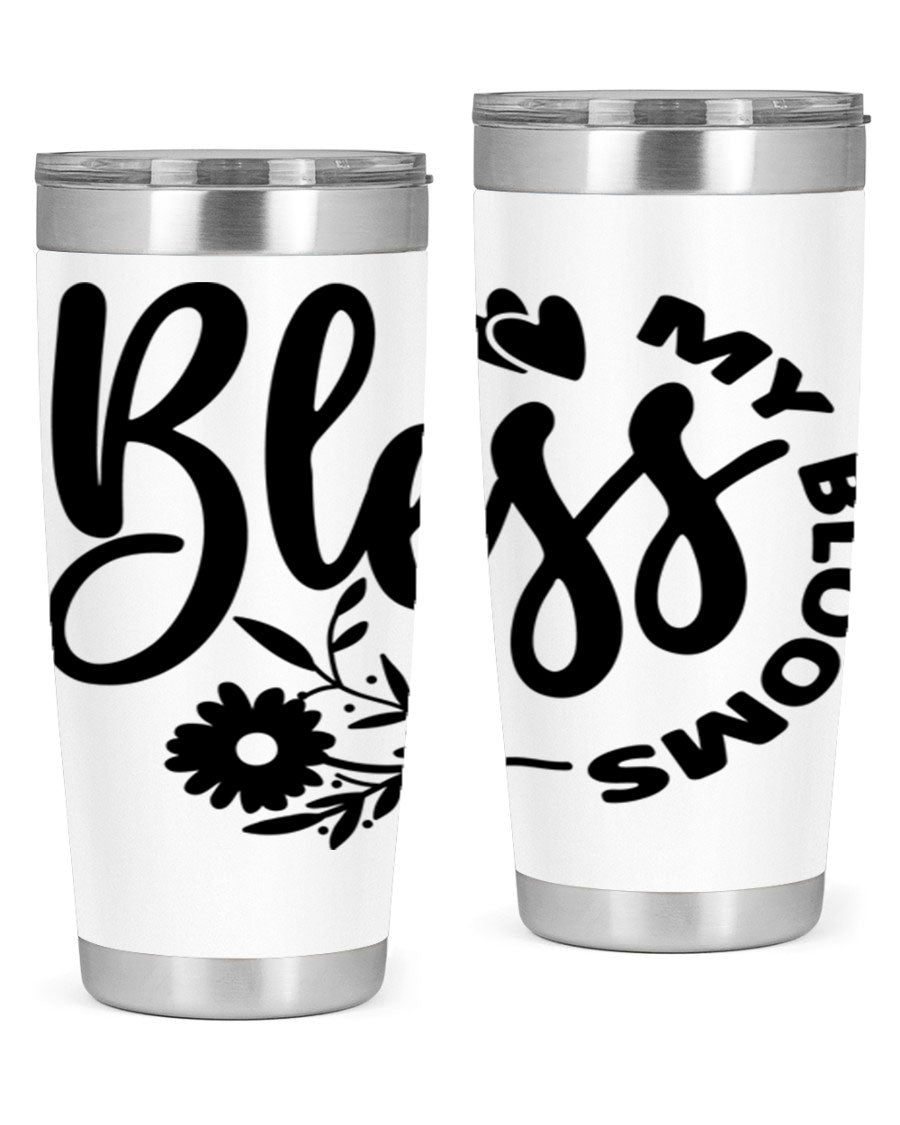 Bless My Blooms47# Spring Tumbler in stainless steel with floral design, showcasing its double wall vacuum insulation and drink-thru lid.