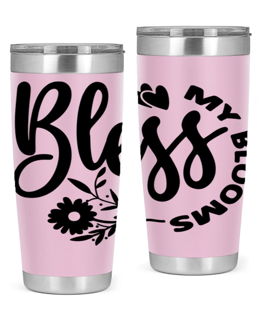 Bless My Blooms47# Spring Tumbler in stainless steel with floral design, showcasing its double wall vacuum insulation and drink-thru lid.