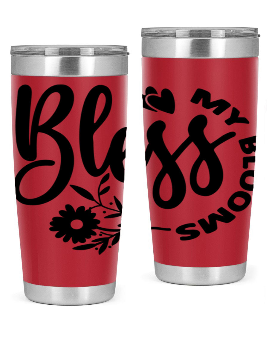 Bless My Blooms47# Spring Tumbler in stainless steel with floral design, showcasing its double wall vacuum insulation and drink-thru lid.