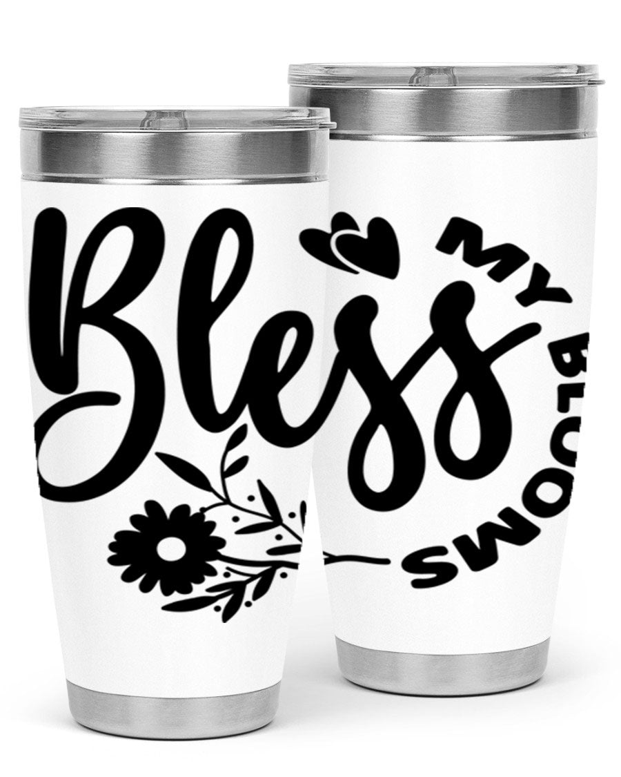 Bless My Blooms47# Spring Tumbler in stainless steel with floral design, showcasing its double wall vacuum insulation and drink-thru lid.