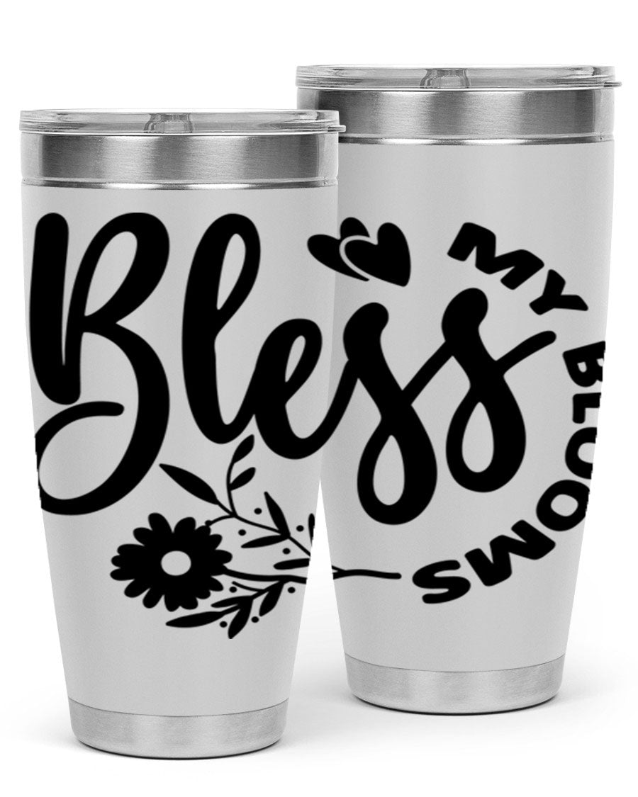 Bless My Blooms47# Spring Tumbler in stainless steel with floral design, showcasing its double wall vacuum insulation and drink-thru lid.