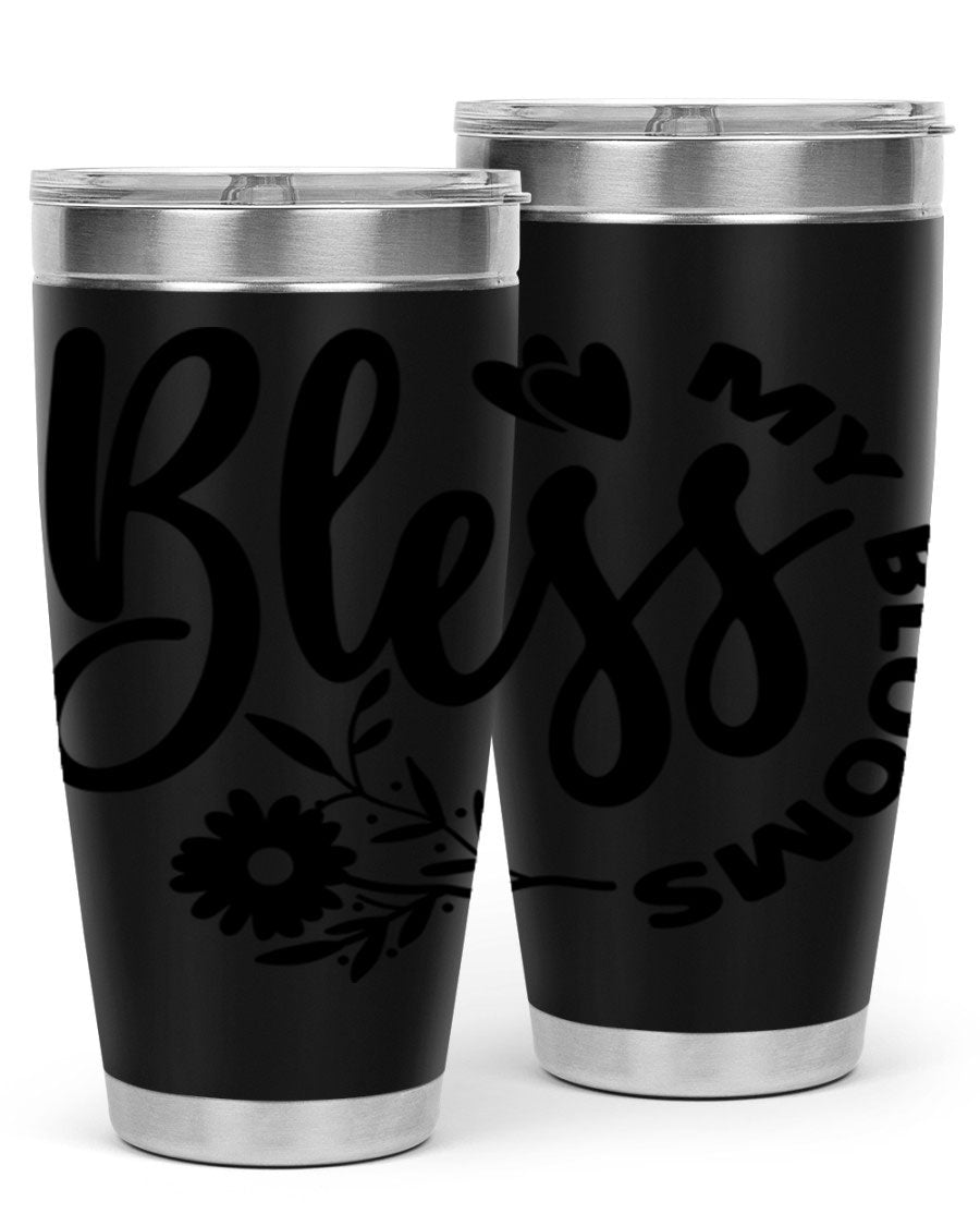 Bless My Blooms47# Spring Tumbler in stainless steel with floral design, showcasing its double wall vacuum insulation and drink-thru lid.