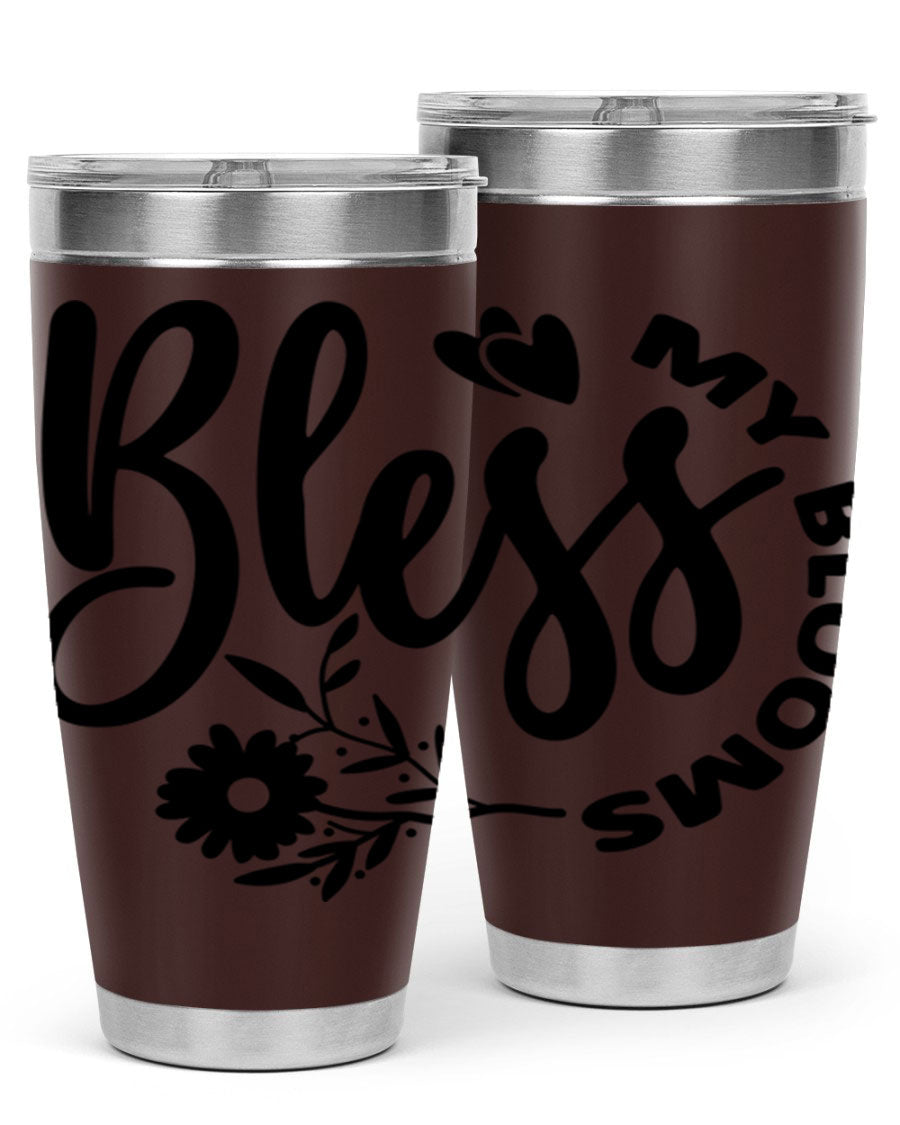 Bless My Blooms47# Spring Tumbler in stainless steel with floral design, showcasing its double wall vacuum insulation and drink-thru lid.