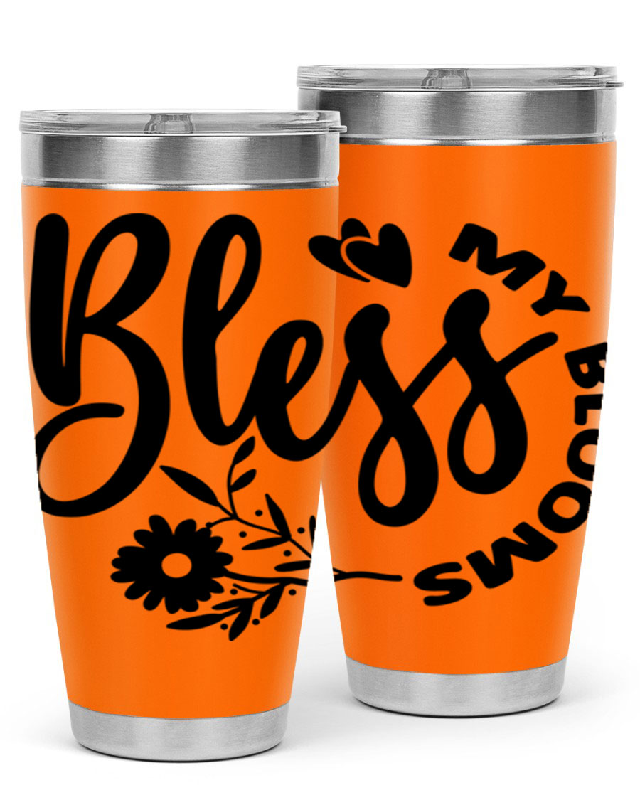 Bless My Blooms47# Spring Tumbler in stainless steel with floral design, showcasing its double wall vacuum insulation and drink-thru lid.